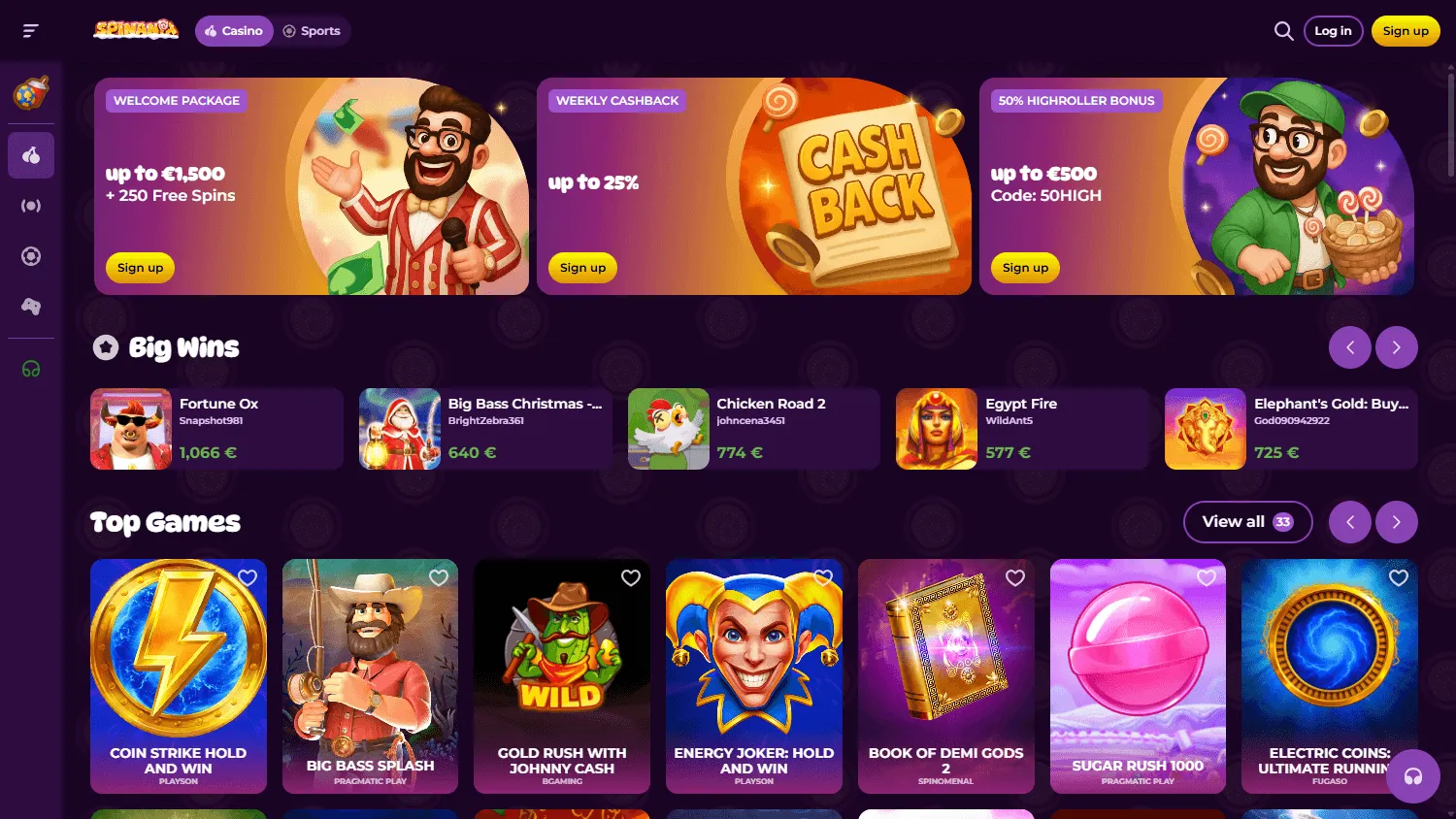 Spinania Casino desktop games screen