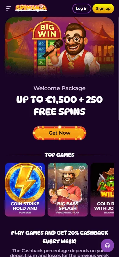 Spinania Casino mobile home screen