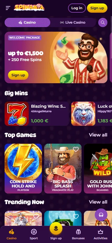 Spinania Casino mobile games screen
