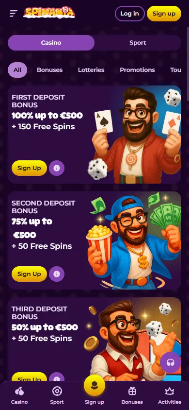 Spinania Casino mobile promotions screen